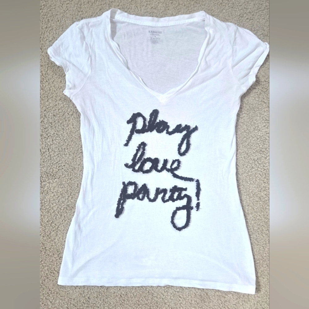 Express White Graphic Tee with Black Ruffle Chiffon Text Size Medium